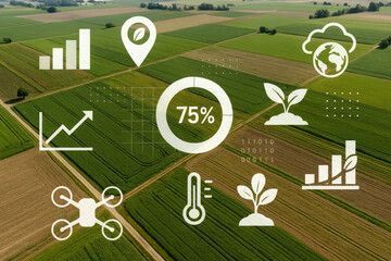 Aerial view of agricultural fields with smart farming technology icons and data visualization agriculture