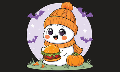 Cute Halloween Ghost Eating Burger with Pumpkins and Bats Kawaii Spooky Food Art

