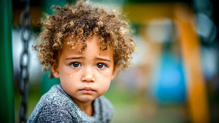 Portrait of sad child with tear stained face looking at playground