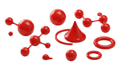 Varying abstract red spheres and fluid forms, polished, on transparent, top-down macro, soft high-key light, data-driven progress concept.