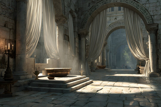 View of the courtyard of the sanctuary, showing the ltar of sacrifice or burntoffering and the brazen laer. The curtain to the Hol Place is opened. 3d rendeing biblical illustration.