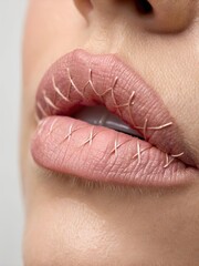 Close-up of stitched lips with beige thread, symbolizing silence, censorship, and emotional restraint in a high-resolution conceptual portrait