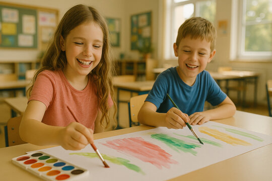 Children painting together in bright classroom, smiling and enjoying creative art session with watercolor on paper, expressing happiness and teamwork in educational environment