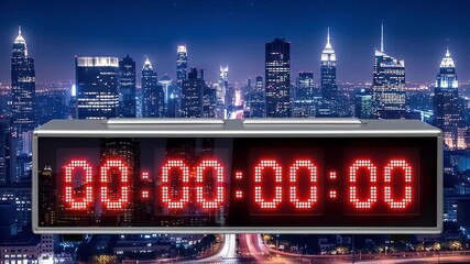 Silver digital clock displaying zero amidst a blurred night cityscape background - Powered by Adobe