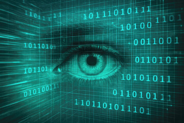 Close-up of a human eye with binary code overlay and digital grid in teal vision looking