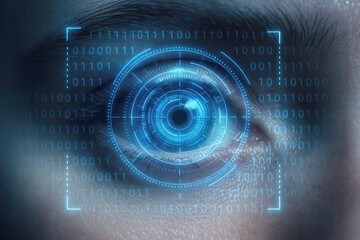 Close-up of a Human Eye with Digital Biometric Scan and Binary Data Stream iris pupil