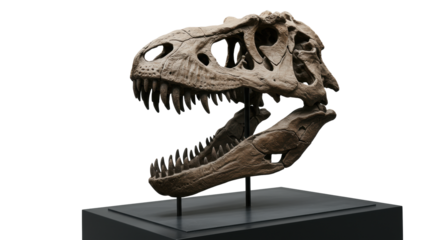 Realistic fossilized theropod dinosaur skull, T-Rex-like, jaw wide open, on sleek concrete pedestal in modern studio, low-angle, concept of ancient legacy