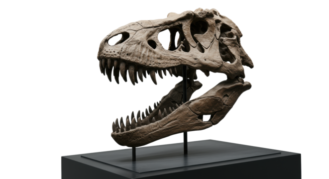 Realistic fossilized theropod dinosaur skull, T-Rex-like, jaw wide open, on sleek concrete pedestal in modern studio, low-angle, concept of ancient legacy - Powered by Adobe