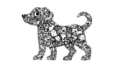 Illustration of a Cute Puppy with Big Eyes and Playful Expression in Black and White