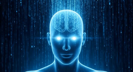 Obraz premium A futuristic digital representation of a human head with glowing eyes and a brain, set against a background of falling binary code. Concept of AI and data.