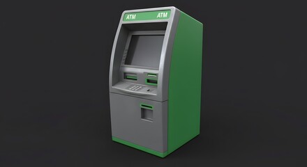 Green and silver automated teller machine on a dark background