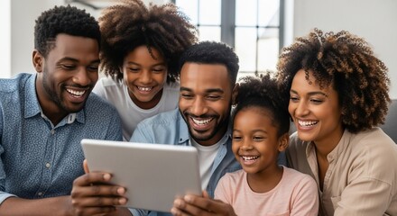 Obraz premium Family Time with a Tablet: A warm, genuine moment shared as a family gathers together to enjoy and engage with the tablet's content, bathed in soft, natural light that enhances their togetherness.