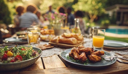 An outdoor table is laden with salad, chicken wings, sliced bread, and orange juice