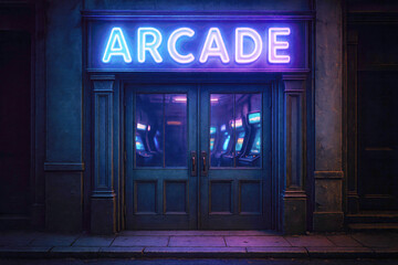 Obraz premium Entrance to an Arcade with a Glowing Neon Sign and Dark Doors blue