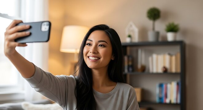 Woman taking selfie at home