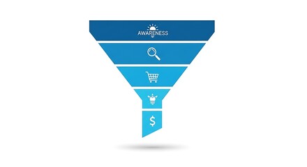 Stylized Funnel Diagram with Five Horizontal Blue Segments Tapering Downward on White Background Representing Data or Sales Process
