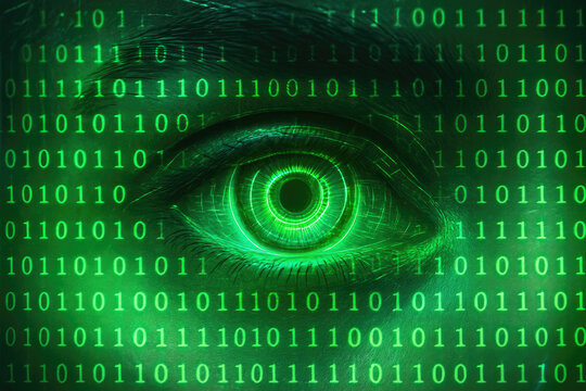 Extreme close up of a human eye with green binary code and digital iris pattern data technology