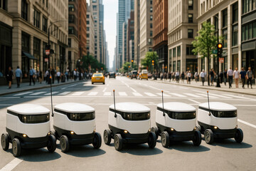 Five autonomous delivery robots lined up on a city street with buildings technology