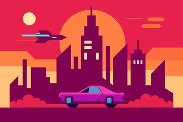 cyberpunk futuristic flying car flat vector city background