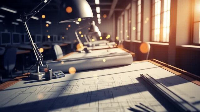 Modern Architectural Drafting Workspace with Sunlit Blueprints and Desk Lamp