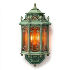 Elegant green patina wall-mounted fixture with amber glass panels and ornate architectural details.