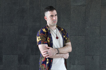 Caucasian adult man urban rooftop outdoor casual pose walk talk activity friend colleague various expression