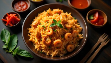 A top-down view of Simangunsong rice, a flavorful dish from North Sumatra, showcasing the stir-fried rice mixed with shrimp paste and crispy fried chicken, served on a traditional wooden plate, surrou