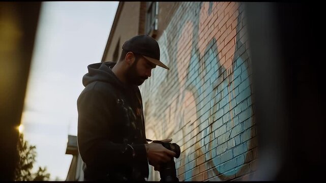 Photographer reviews images on camera near brick wall with faded graffiti art