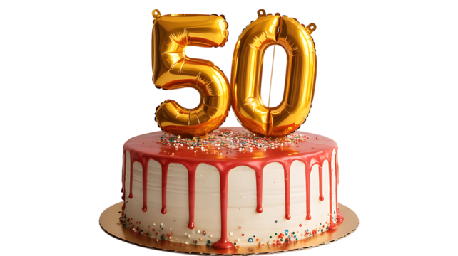 Golden number 50 balloons on a drip cake isolated on transparent background