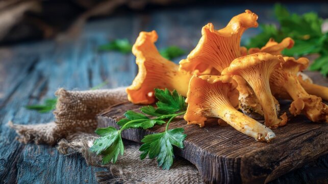 Fresh forest mushroom background food photography -  real chanterelles  ( cantharellus cibarius ) mushrooms on a  cutting board on a wooden table, top view