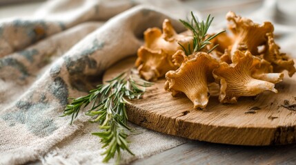Fresh forest mushroom background food photography - real chanterelles ( cantharellus cibarius ) mushrooms on a cutting board on a wooden table, top view