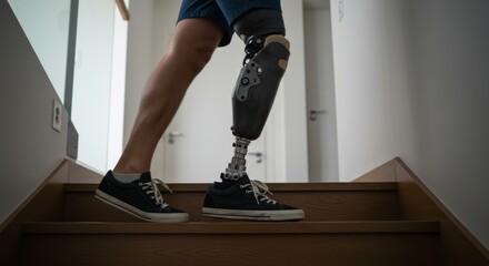 Close-Up of Man with Above-Knee Prosthetic Leg Walking Up Stairs, Focus on Prosthesis and Natural Leg in Motion with Clean Minimal Background