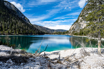 Lago di Braies in Dolomiti mountains and Seekofel in background,