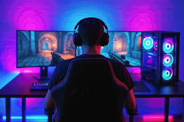 Gamer with headphones plays on a panoramic monitor with a gaming PC and ambient lighting Keywords: gamer, gaming, computer, PC, monitor, headphones, playing, video games, technology