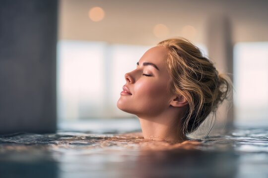 Peaceful woman floating in warm indoor spa pool with closed eyes and gentle smile, perfect for wellness retreats, spa advertising, beauty care, mindfulness, and lifestyle promotions - Powered by Adobe