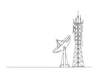 Communication tower and satellite disc in single line draw illustration. Continuous one line drawing of tower and satellite disc.