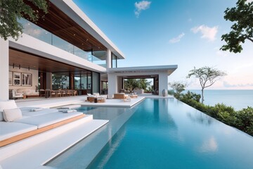 Fototapeta premium A modern villa with an infinity pool overlooking the ocean, featuring sleek architecture and a serene outdoor space.