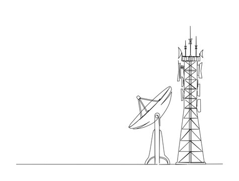 Communication tower and satellite disc in single line draw illustration. Continuous one line drawing of tower and satellite disc.