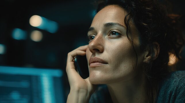 Businesswoman making a phone call late at night working in the office