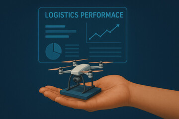 Futuristic drone with holographic interface, logistics performance data, blue background, innovation, technology, and efficiency in modern delivery solutions