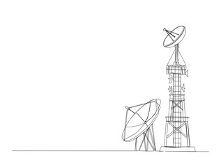 Communication tower and satellite disc in single line draw illustration. Continuous one line drawing of tower and satellite disc.