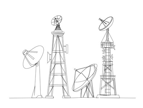 Communication tower and satellite disc in single line draw illustration. Continuous one line drawing of tower and satellite disc.