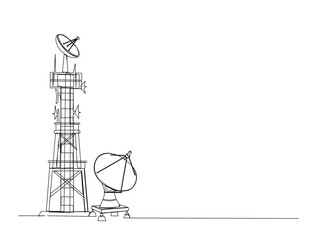 Communication tower and satellite disc in single line draw illustration. Continuous one line drawing of tower and satellite disc.
