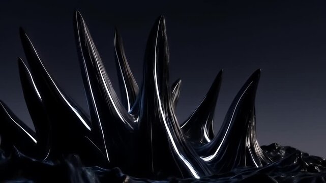 Abstract dark, polished, pointy shapes with bright lines, against a dark background