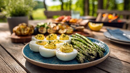 Fresh Outdoor Summer Meal with Deviled Eggs and Grilled Asparagus