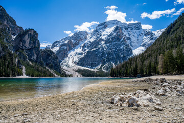 Braies Lake ( Lago di Braies, Pragser Wildsee) in Dolomiti mountains and Seekofel in background,Sudtirol,Italy