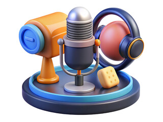 3d podcasting setup with microphone and headphones isolated on white isolated on transparent background