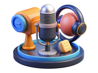 3d podcasting setup with microphone and headphones isolated on white isolated on transparent background