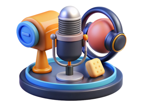 3d podcasting setup with microphone and headphones isolated on white isolated on transparent background