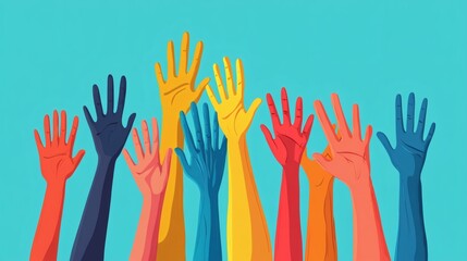 Obraz premium Diverse hands raised high against a teal background, symbolizing unity, teamwork, and participation.
